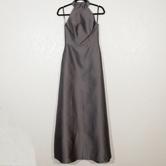 NWT Alfred‎ Sung Caviar Gray High Neck Cut Out Satin Dress Size 2 - Picture 3 of 9